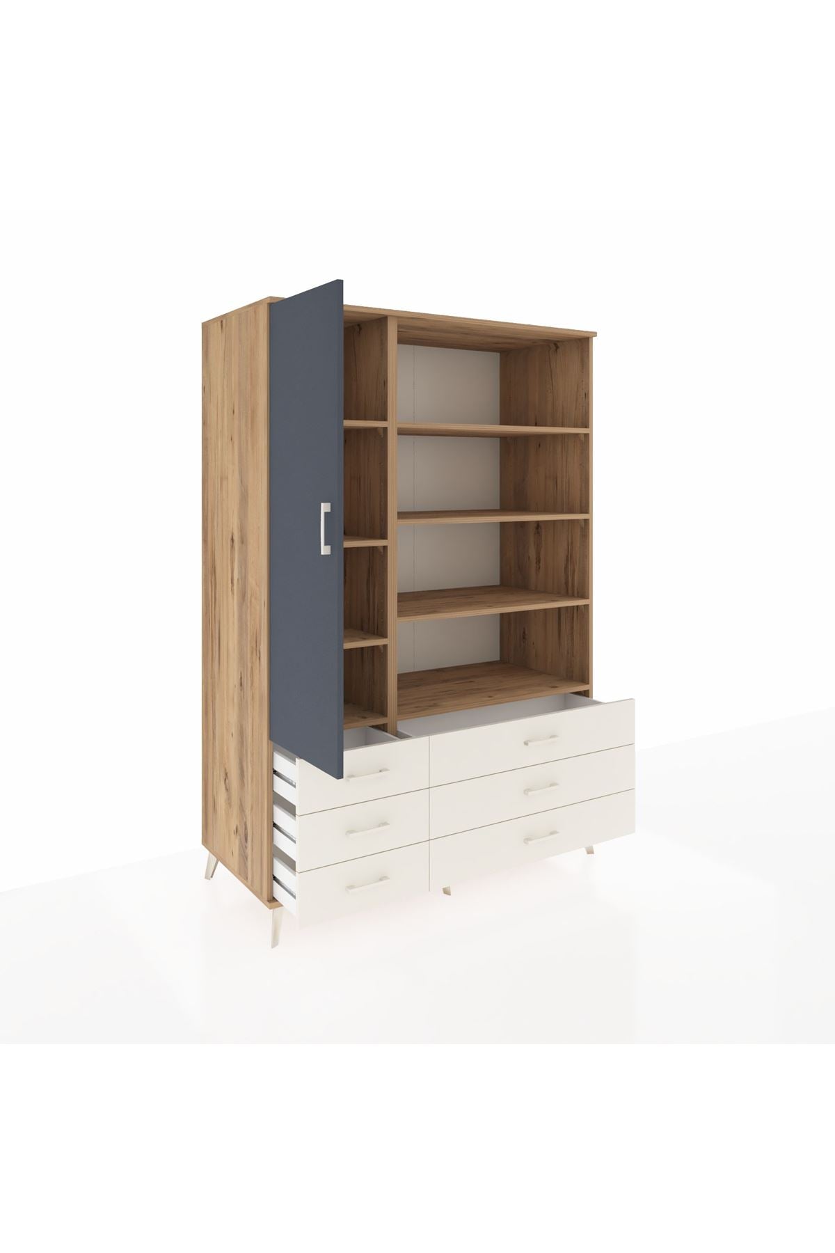 Kronos Dolap 8 Raflı 6 Çekmeceli Tek Kapaklı 132x59x195 Çam-Antrasit/Aytaşı