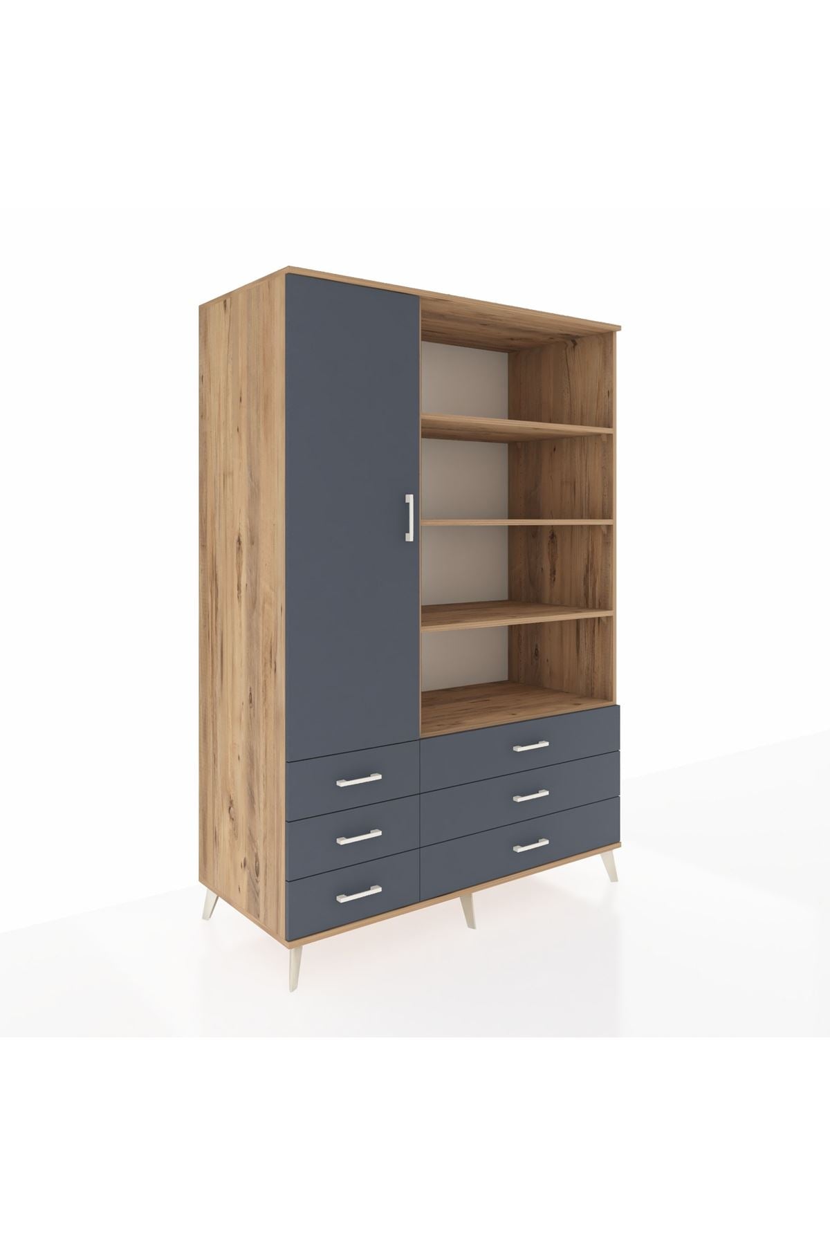 Kronos Dolap 8 Raflı 6 Çekmeceli Tek Kapaklı 132x59x195 Çam-Antrasit/Antrasit