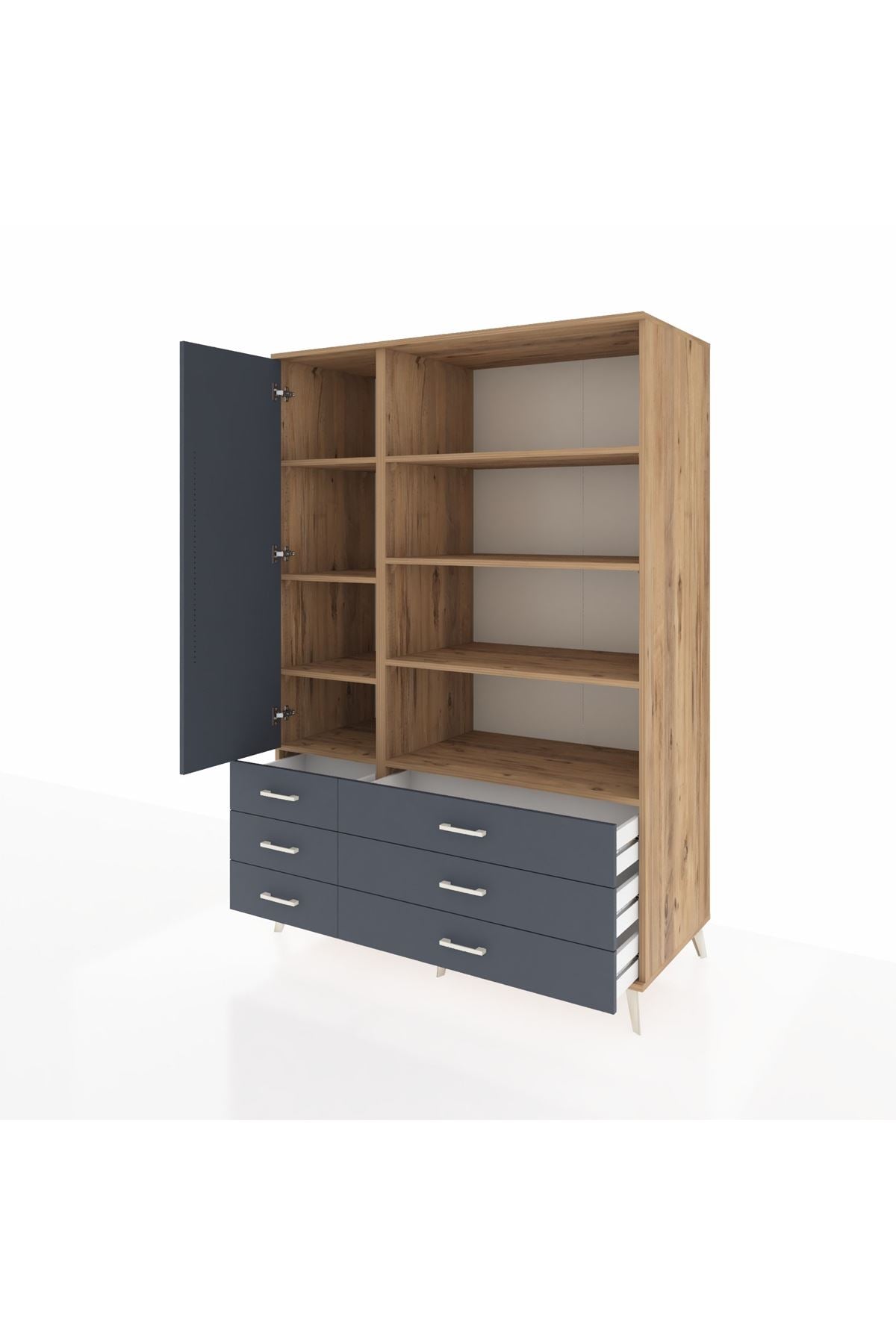 Kronos Dolap 8 Raflı 6 Çekmeceli Tek Kapaklı 132x59x195 Çam-Antrasit/Antrasit