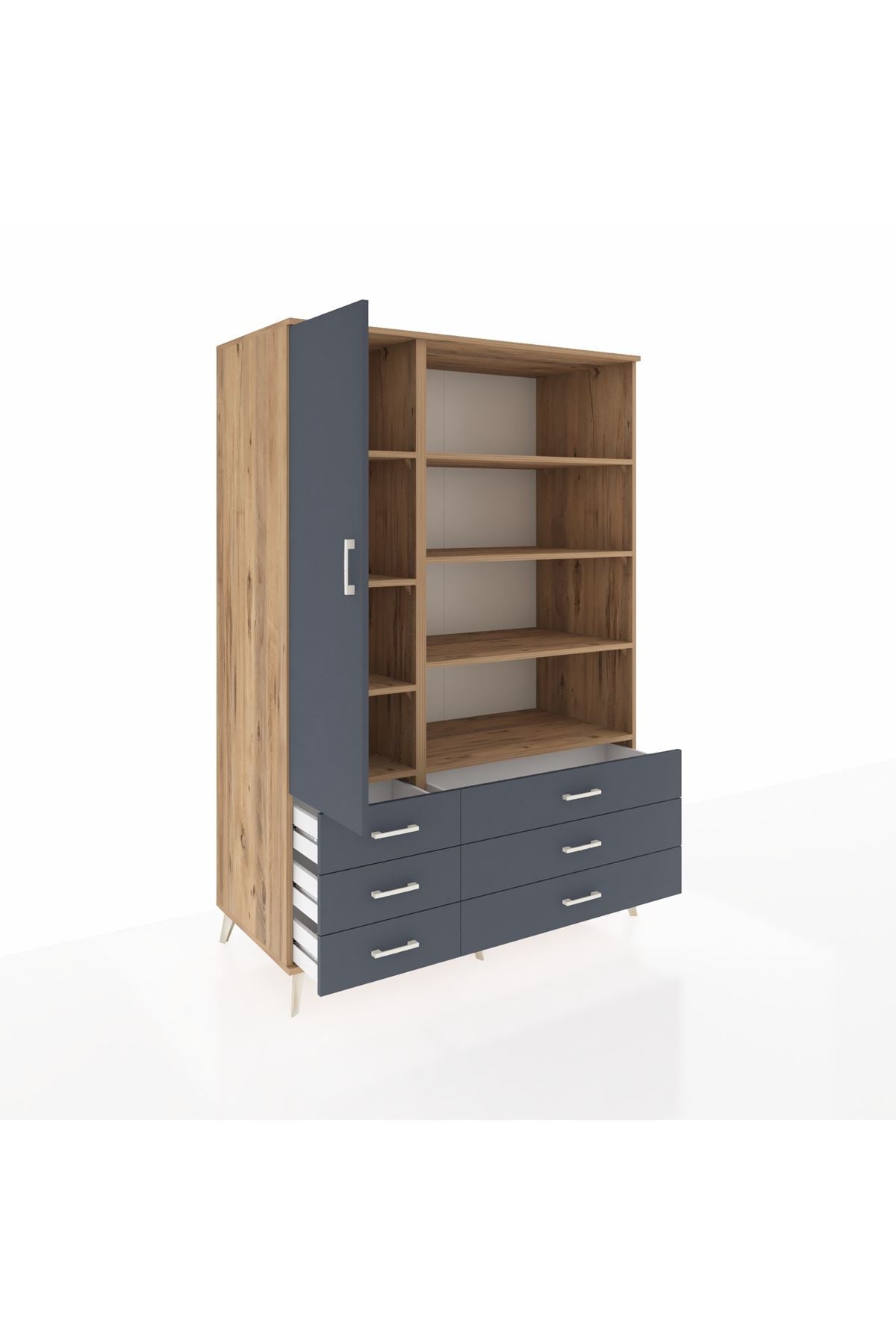 Kronos Dolap 8 Raflı 6 Çekmeceli Tek Kapaklı 132x59x195 Çam-Antrasit/Antrasit