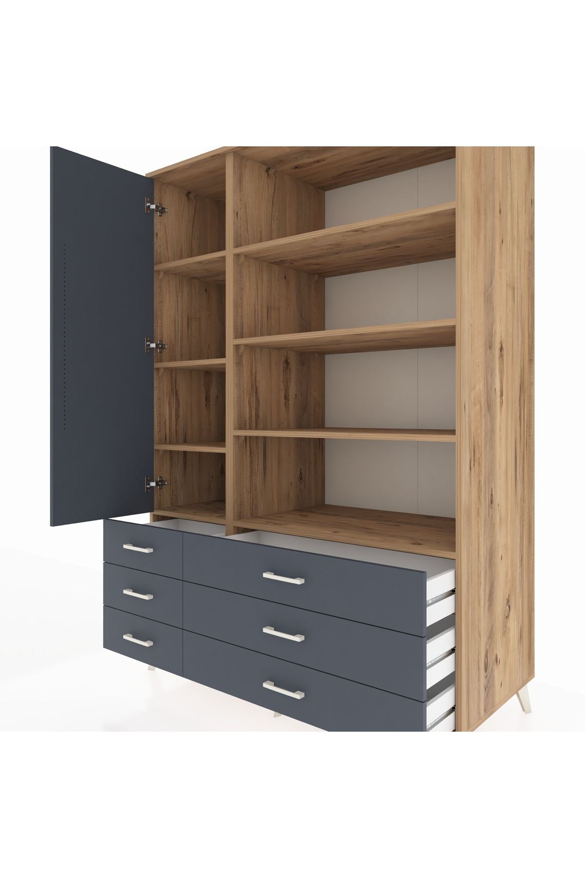 Kronos Dolap 8 Raflı 6 Çekmeceli Tek Kapaklı 132x59x195 Çam-Antrasit/Antrasit