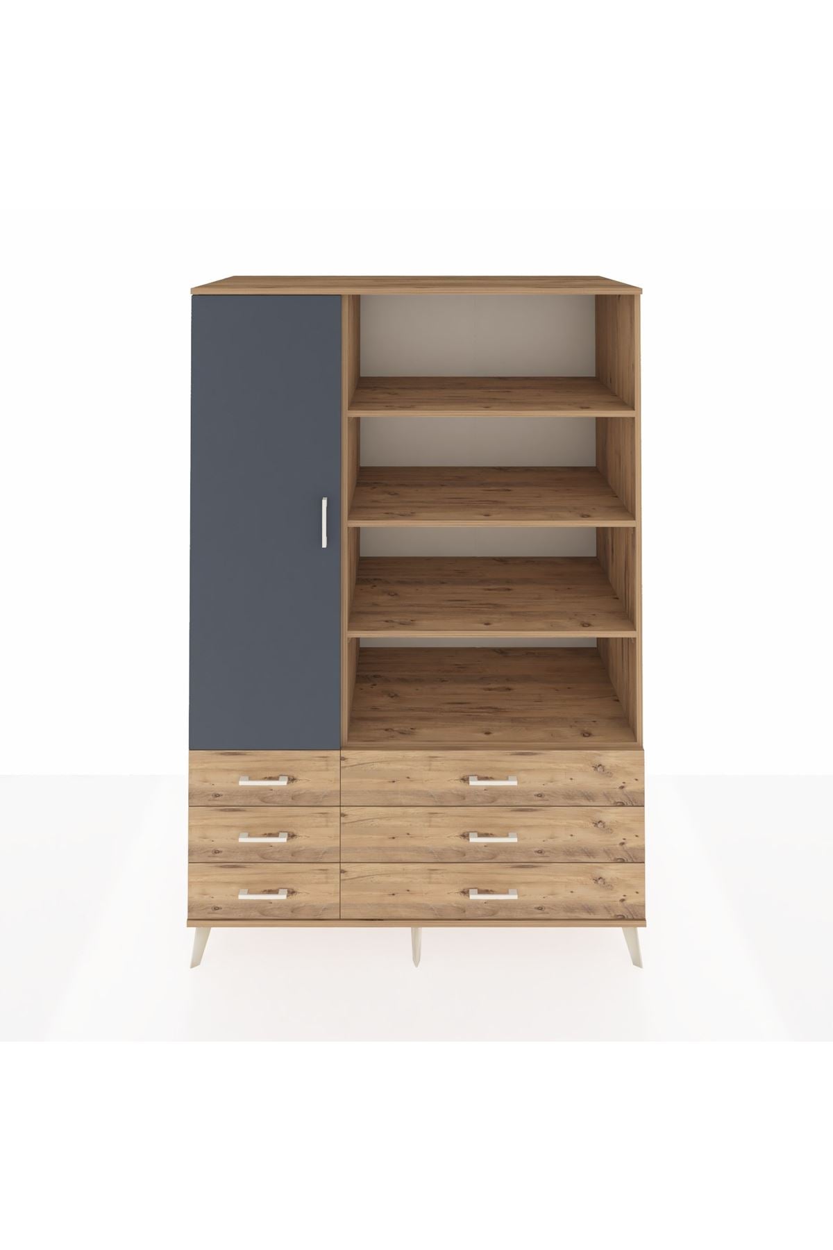 Kronos Dolap 8 Raflı 6 Çekmeceli Tek Kapaklı 132x59x195 Çam-Antrasit/Çam