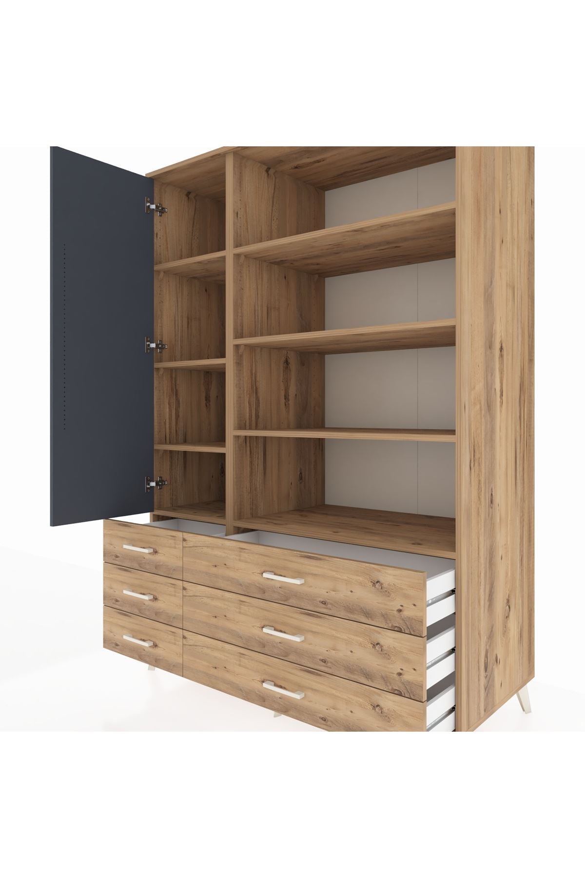 Kronos Dolap 8 Raflı 6 Çekmeceli Tek Kapaklı 132x59x195 Çam-Antrasit/Çam