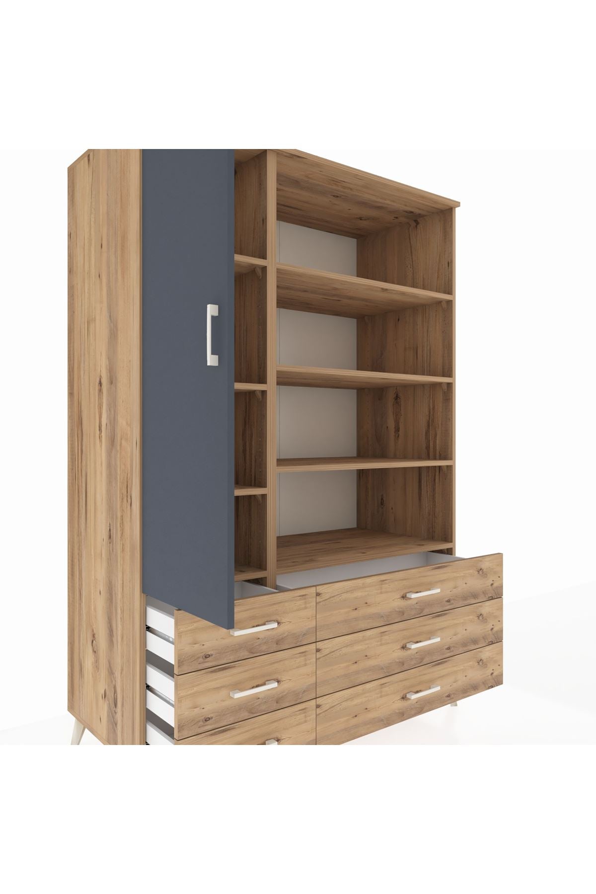 Kronos Dolap 8 Raflı 6 Çekmeceli Tek Kapaklı 132x59x195 Çam-Antrasit/Çam