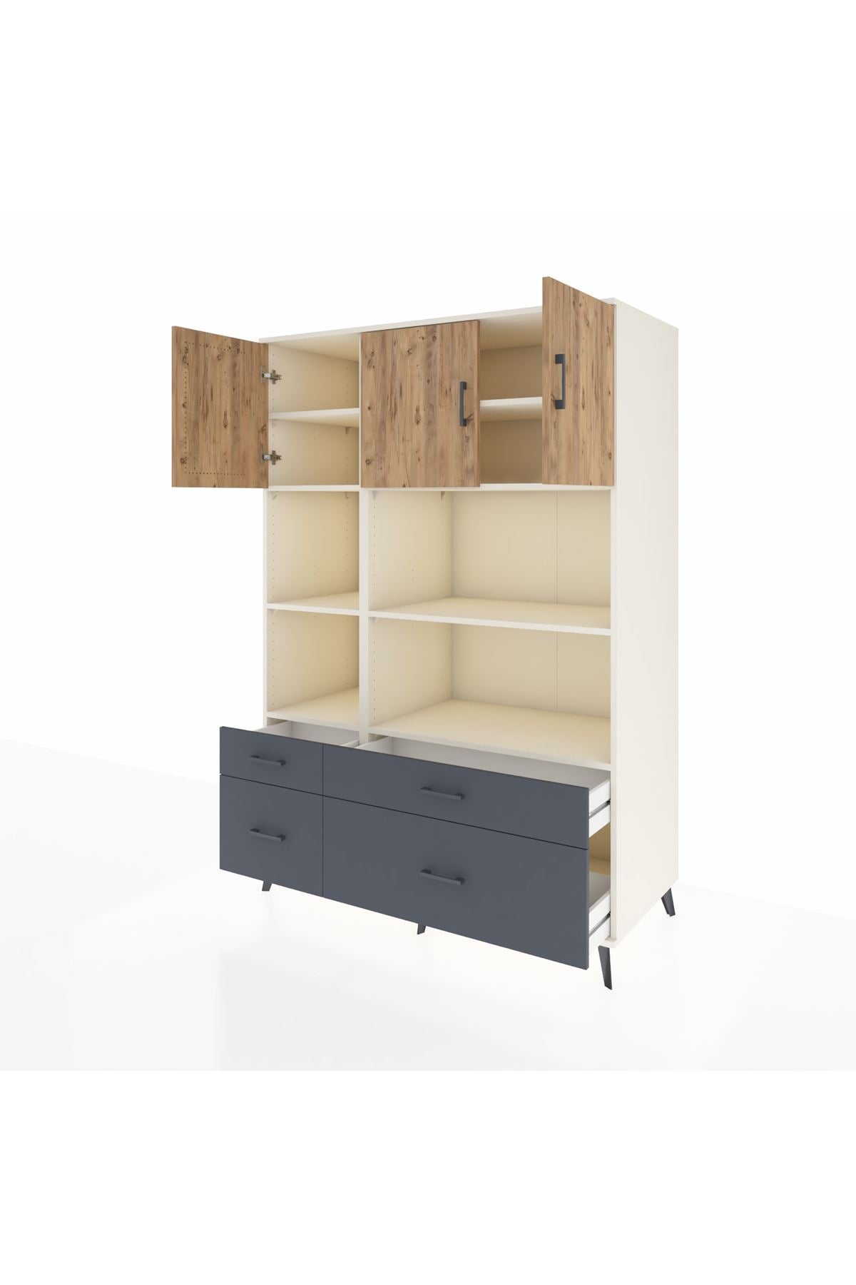 Kronos Dolap 8 Raflı 4 Çekmeceli 3 Kapaklı 132x59x195 Aytaşı-Çam/Antrasit