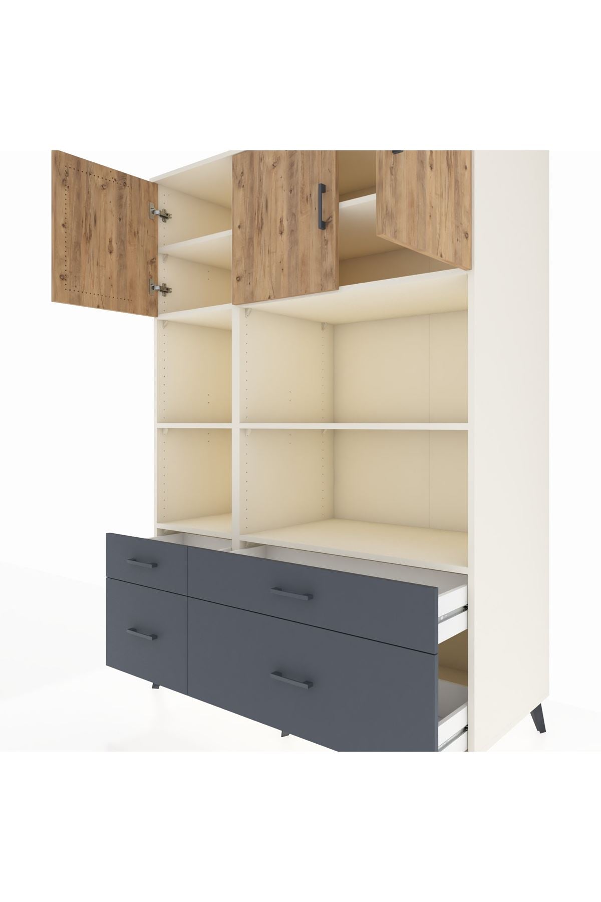 Kronos Dolap 8 Raflı 4 Çekmeceli 3 Kapaklı 132x59x195 Aytaşı-Çam/Antrasit