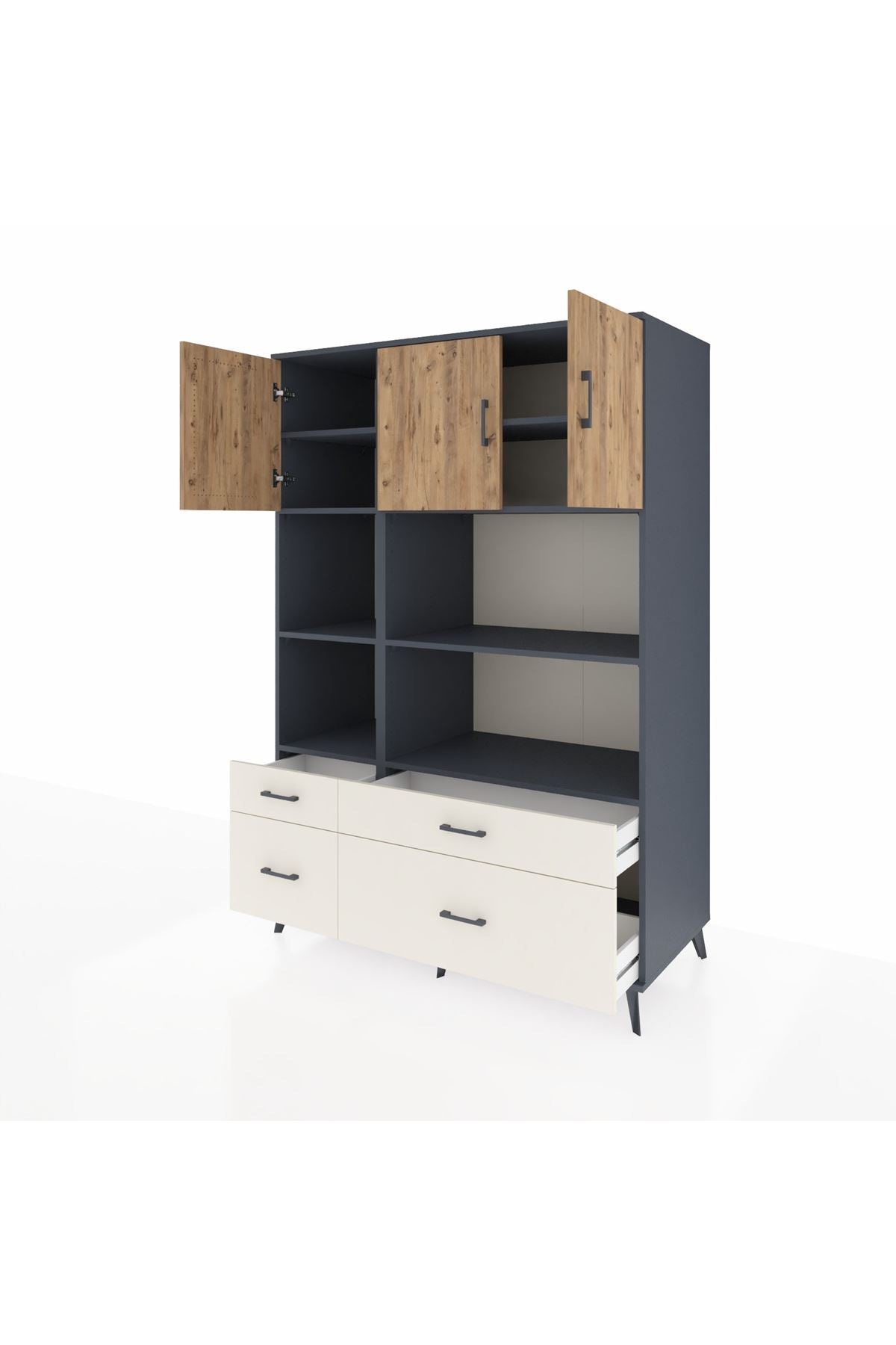 Kronos Dolap 8 Raflı 4 Çekmeceli 3 Kapaklı 132x59x195 Antrasit-Çam/Aytaşı