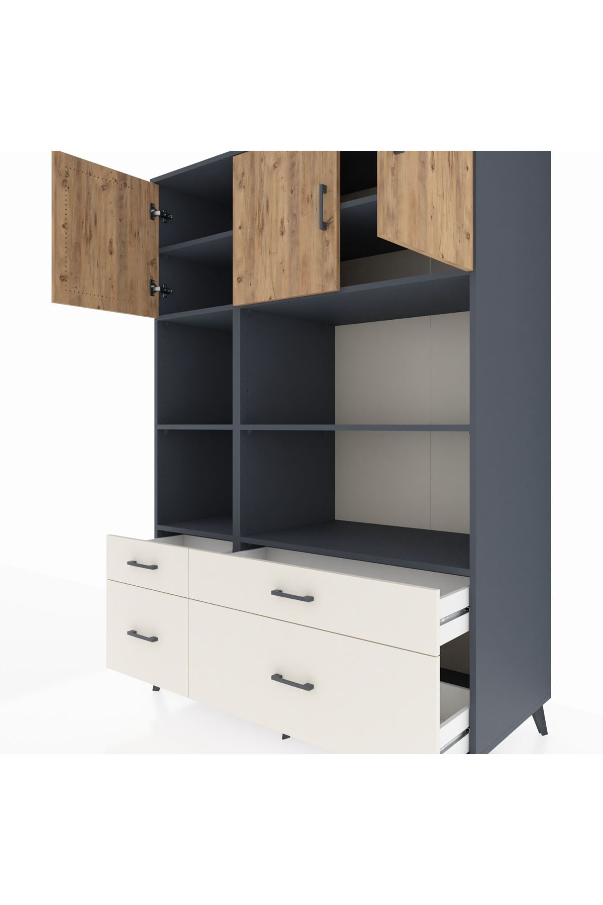 Kronos Dolap 8 Raflı 4 Çekmeceli 3 Kapaklı 132x59x195 Antrasit-Çam/Aytaşı