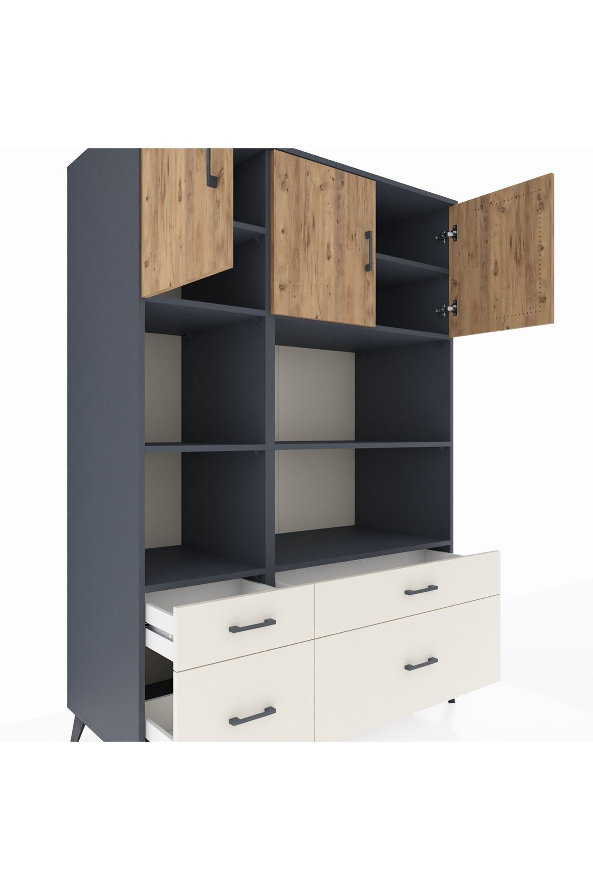 Kronos Dolap 8 Raflı 4 Çekmeceli 3 Kapaklı 132x59x195 Antrasit-Çam/Aytaşı
