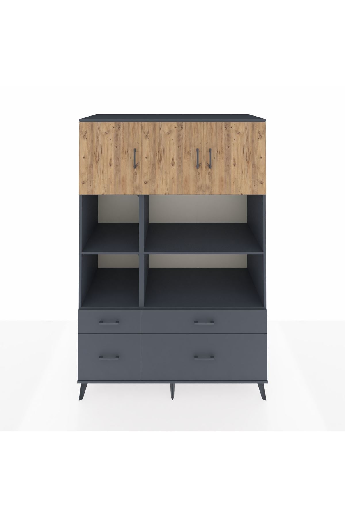 Kronos Dolap 8 Raflı 4 Çekmeceli 3 Kapaklı 132x59x195 Antrasit-Çam/Antrasit