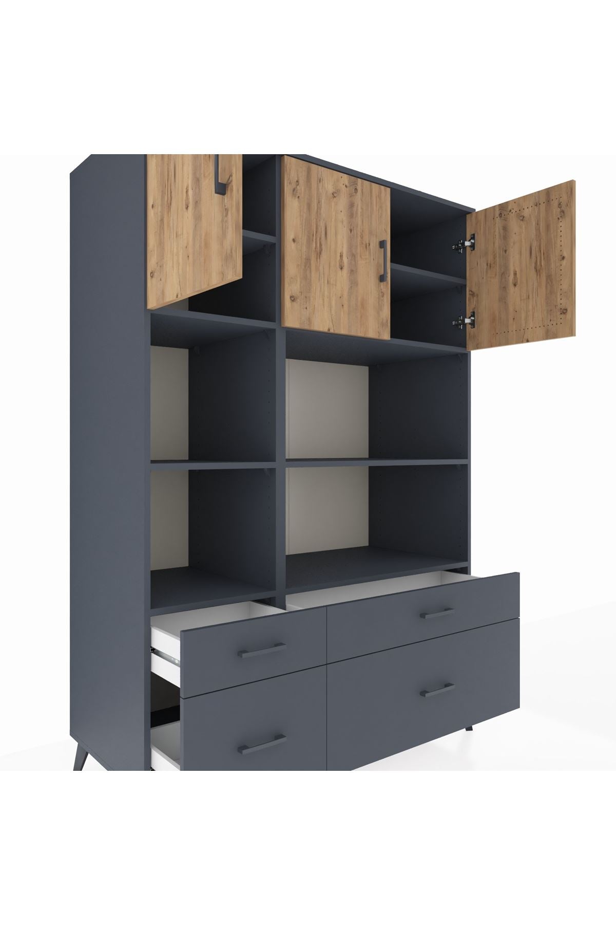 Kronos Dolap 8 Raflı 4 Çekmeceli 3 Kapaklı 132x59x195 Antrasit-Çam/Antrasit