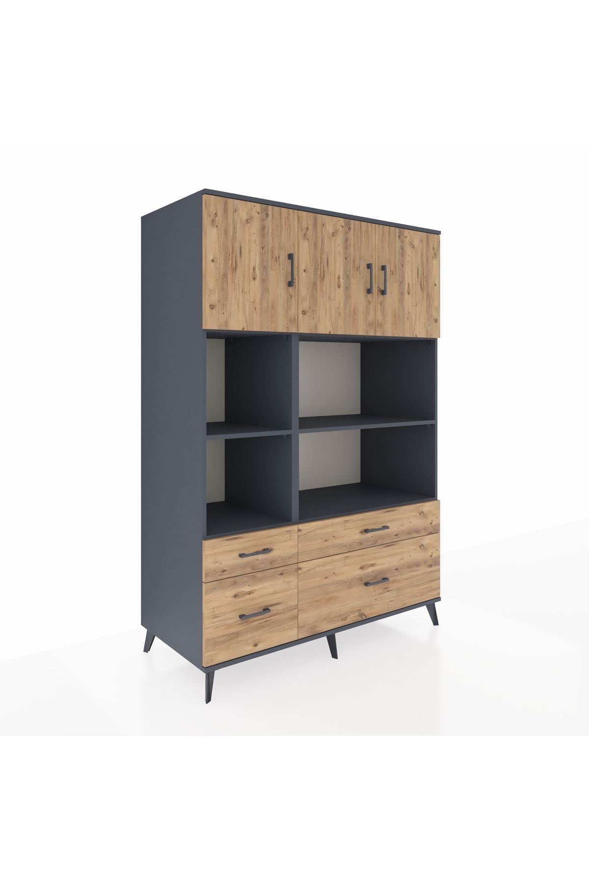 Kronos Dolap 8 Raflı 4 Çekmeceli 3 Kapaklı 132x59x195 Antrasit-Çam/Çam