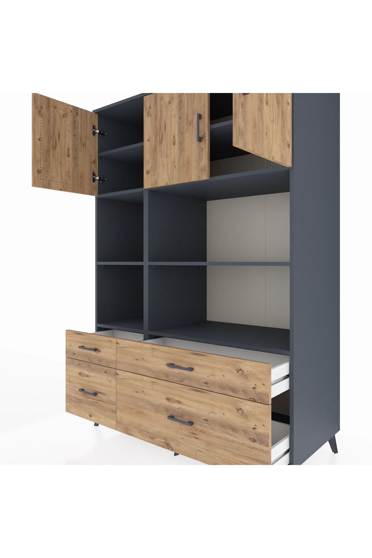 Kronos Dolap 8 Raflı 4 Çekmeceli 3 Kapaklı 132x59x195 Antrasit-Çam/Çam