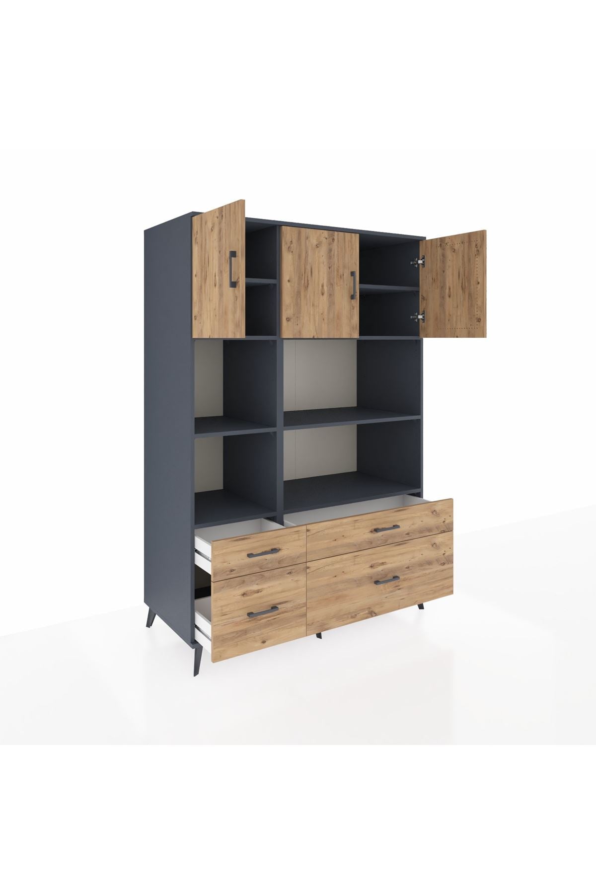 Kronos Dolap 8 Raflı 4 Çekmeceli 3 Kapaklı 132x59x195 Antrasit-Çam/Çam