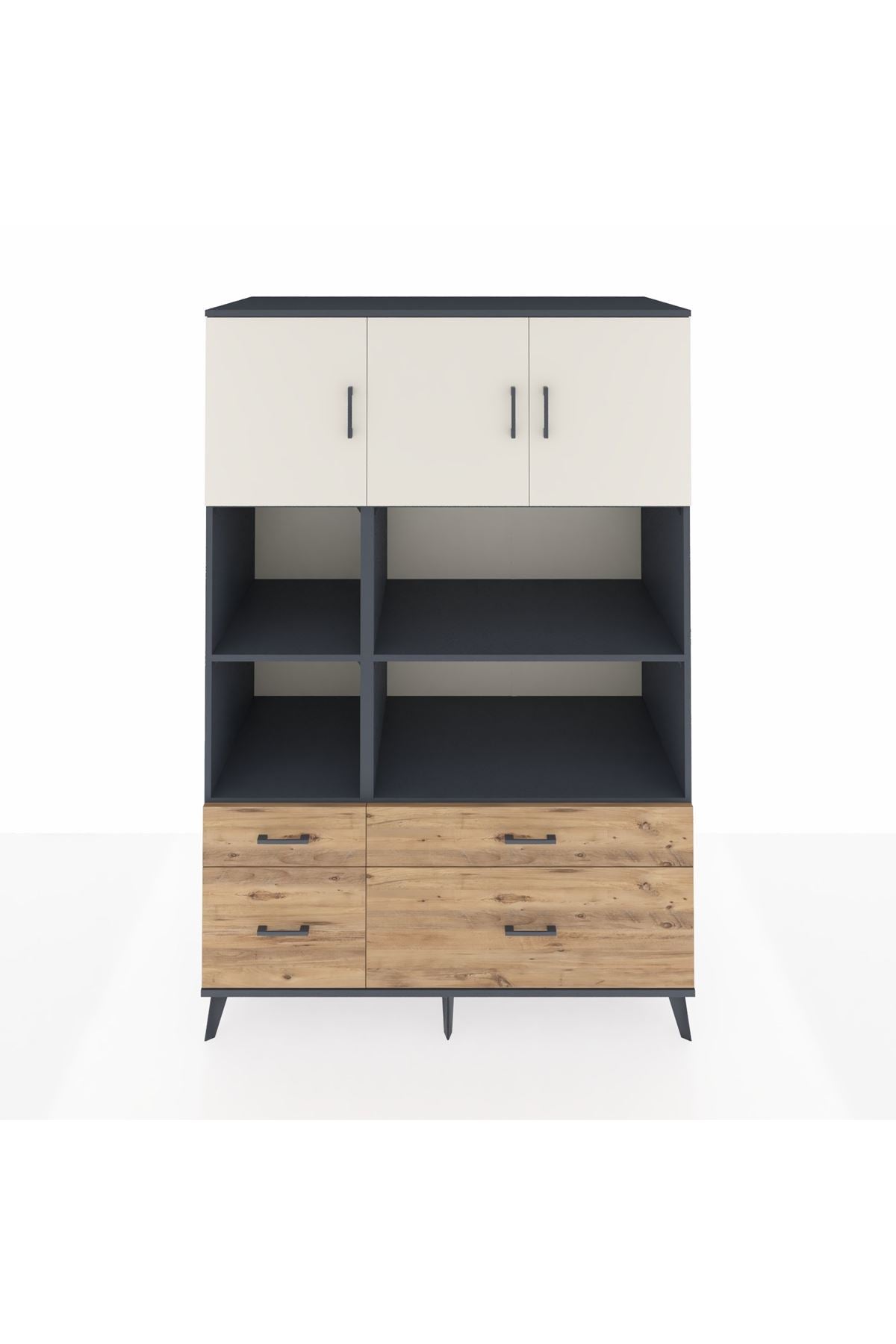 Kronos Dolap 8 Raflı 4 Çekmeceli 3 Kapaklı 132x59x195 Antrasit-Aytaşı/Çam