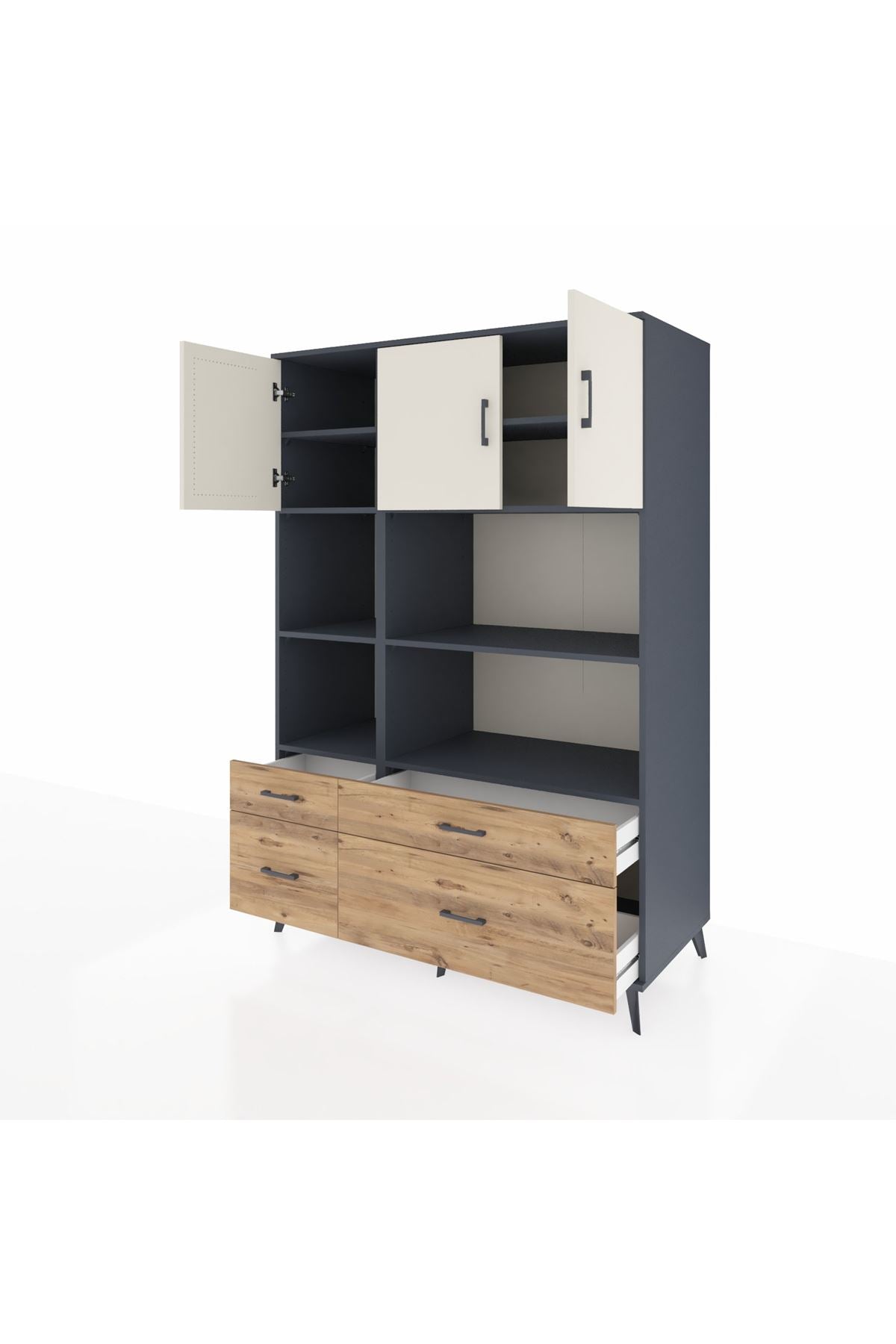 Kronos Dolap 8 Raflı 4 Çekmeceli 3 Kapaklı 132x59x195 Antrasit-Aytaşı/Çam