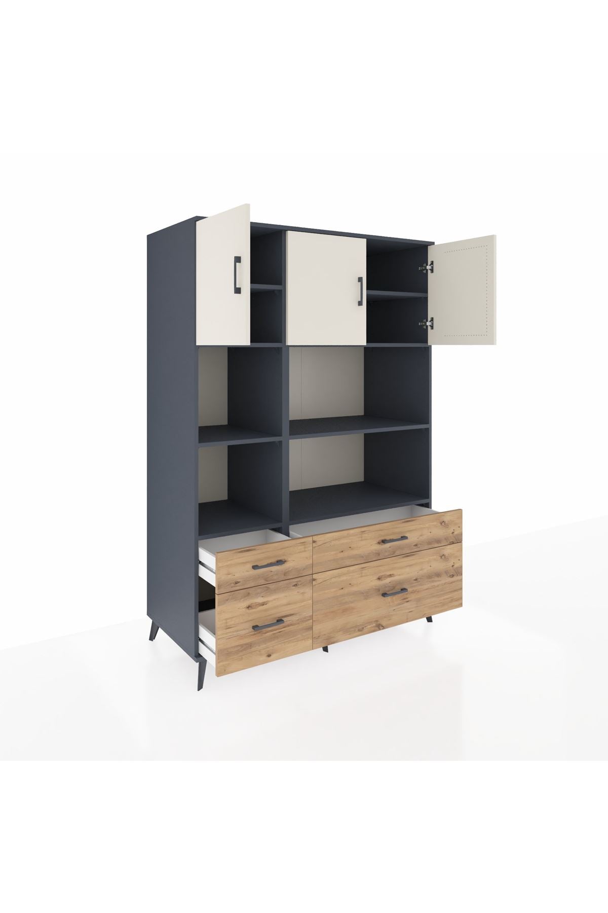 Kronos Dolap 8 Raflı 4 Çekmeceli 3 Kapaklı 132x59x195 Antrasit-Aytaşı/Çam