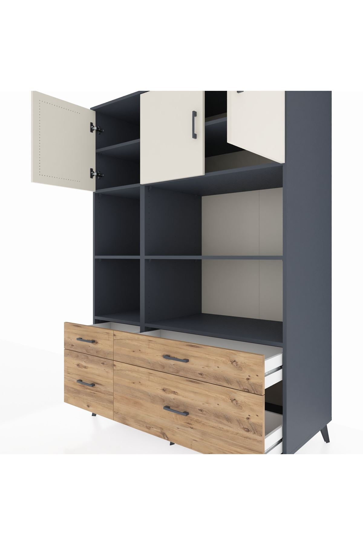 Kronos Dolap 8 Raflı 4 Çekmeceli 3 Kapaklı 132x59x195 Antrasit-Aytaşı/Çam