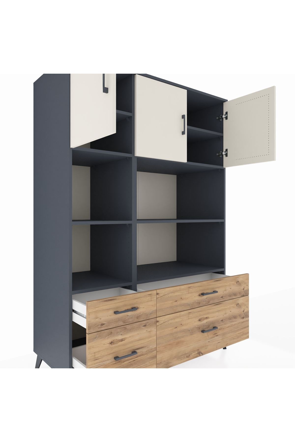 Kronos Dolap 8 Raflı 4 Çekmeceli 3 Kapaklı 132x59x195 Antrasit-Aytaşı/Çam