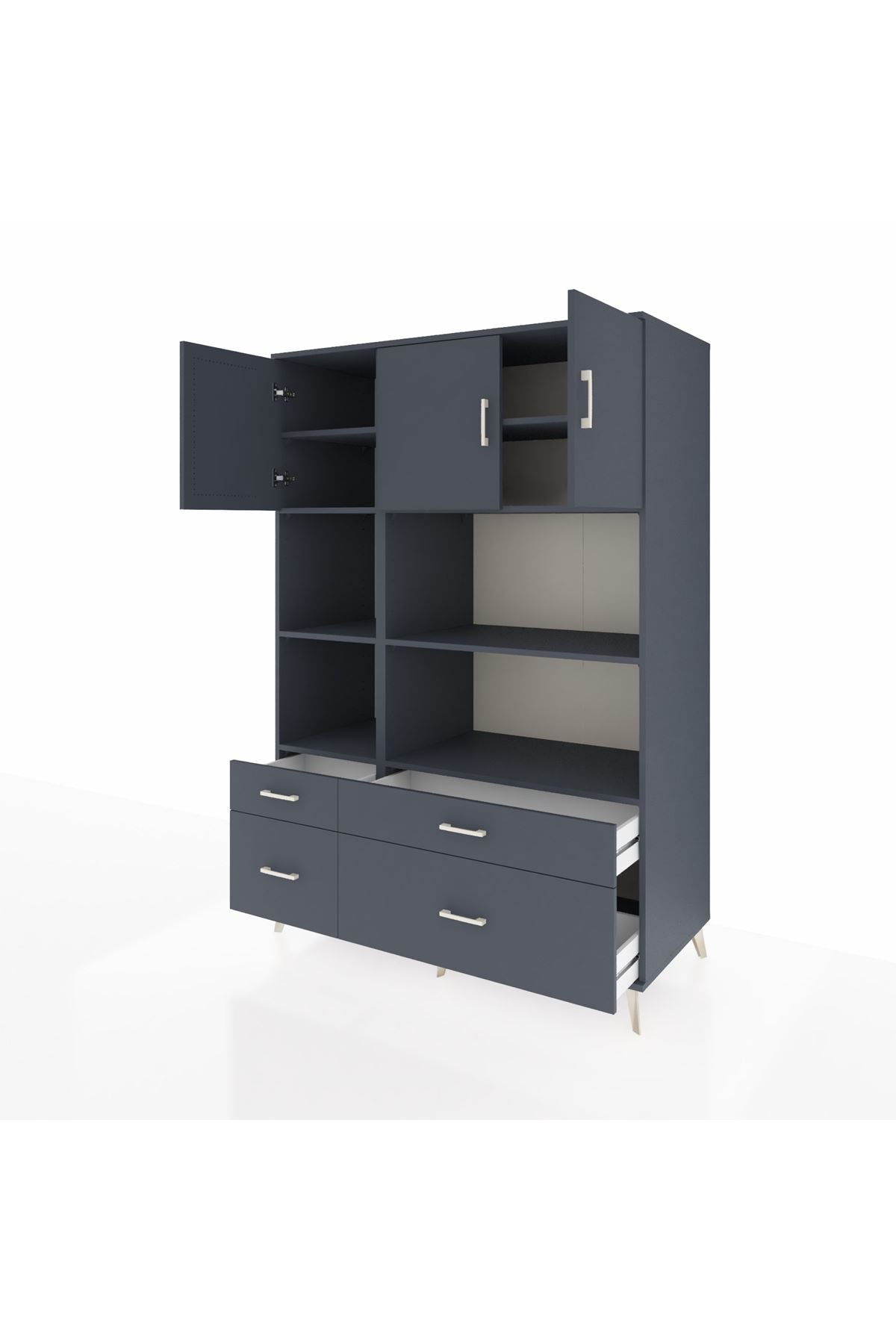 Kronos Dolap 8 Raflı 4 Çekmeceli 3 Kapaklı 132x59x195 Antrasit-Antrasit/Antrasit