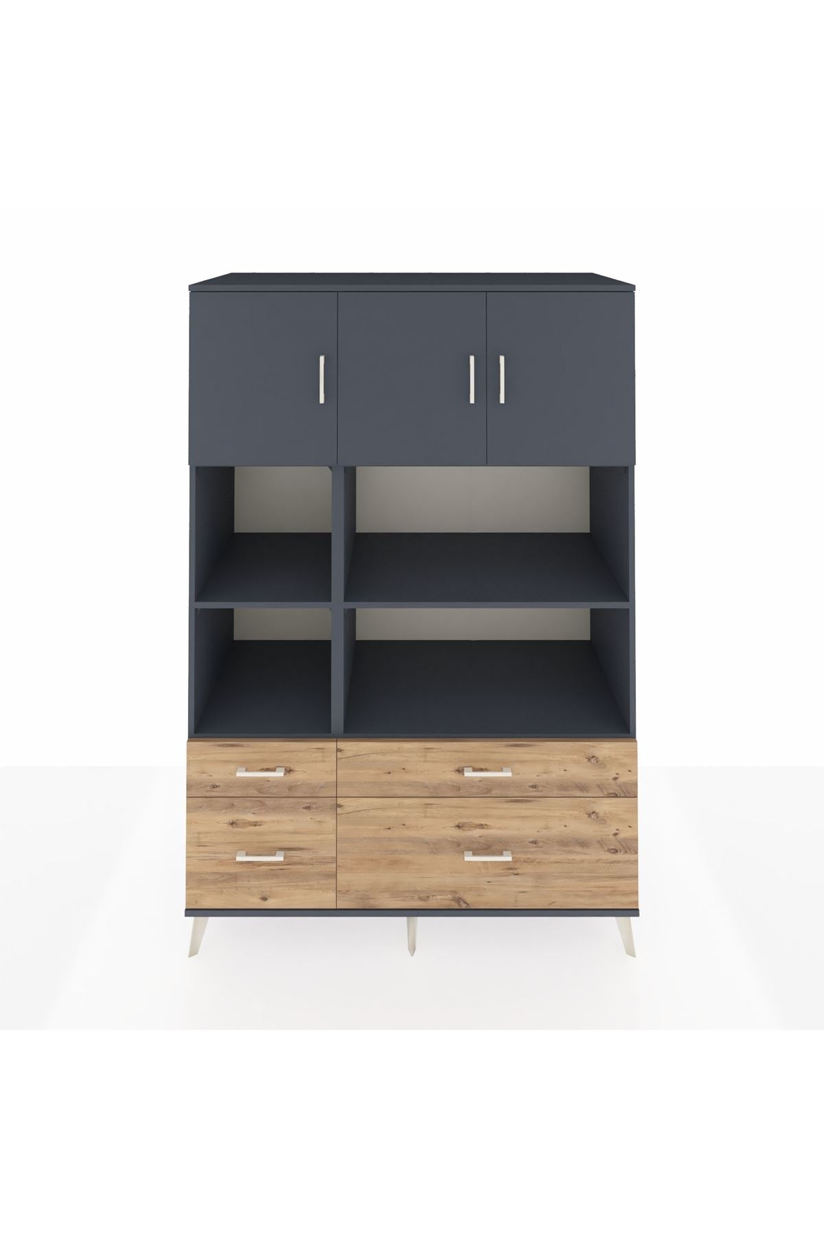 Kronos Dolap 8 Raflı 4 Çekmeceli 3 Kapaklı 132x59x195 Antrasit-Antrasit/Çam