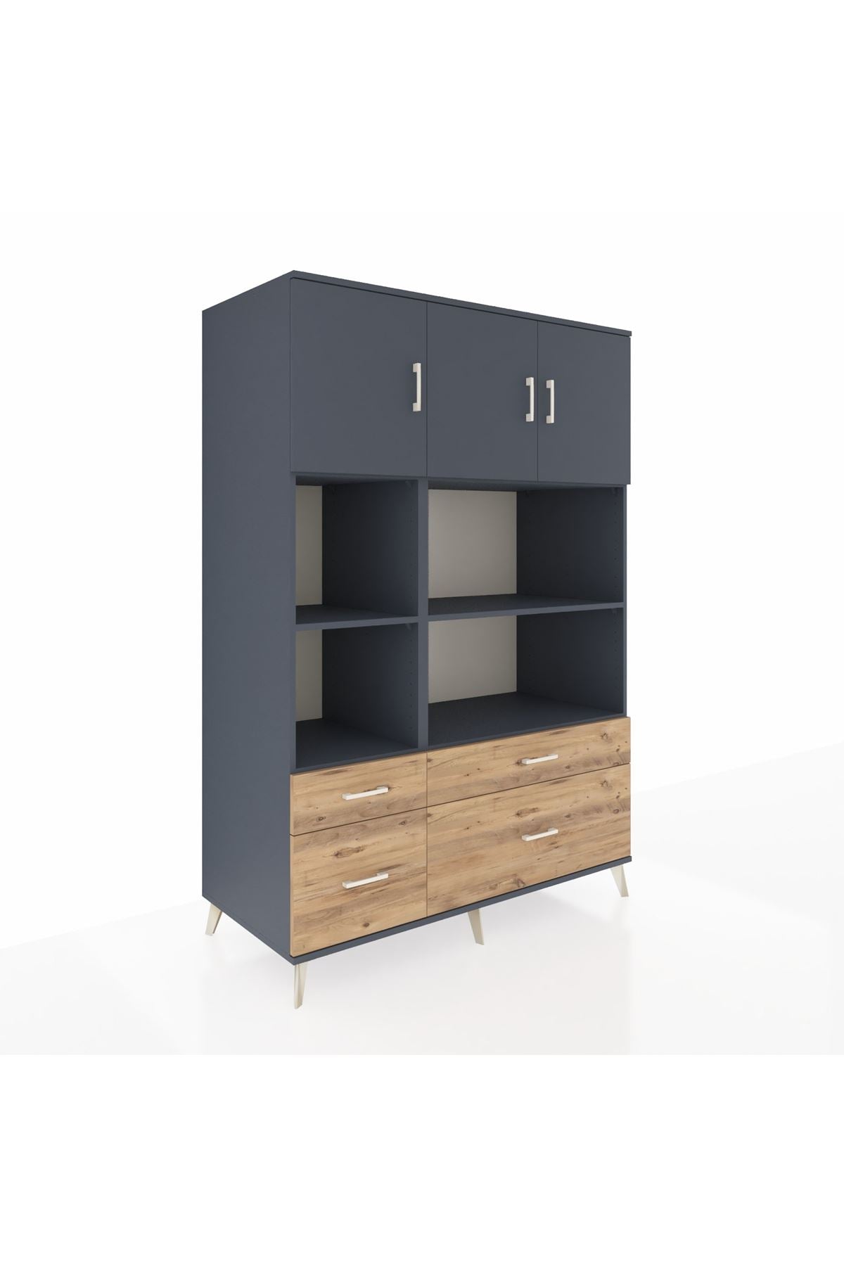 Kronos Dolap 8 Raflı 4 Çekmeceli 3 Kapaklı 132x59x195 Antrasit-Antrasit/Çam