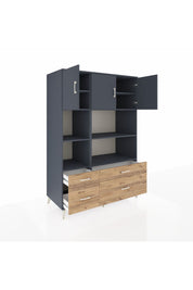 Kronos Dolap 8 Raflı 4 Çekmeceli 3 Kapaklı 132x59x195 Antrasit-Antrasit/Çam