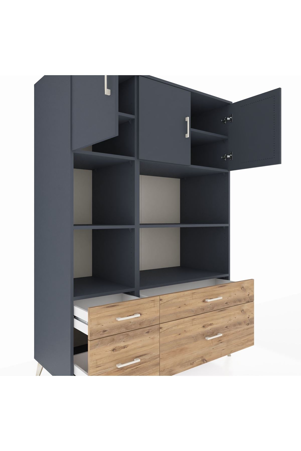 Kronos Dolap 8 Raflı 4 Çekmeceli 3 Kapaklı 132x59x195 Antrasit-Antrasit/Çam