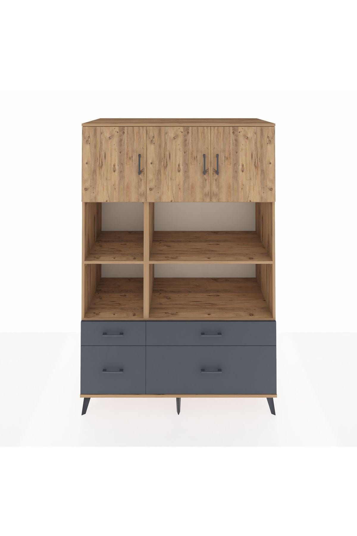 Kronos Dolap 8 Raflı 4 Çekmeceli 3 Kapaklı 132x59x195 Çam-Çam/Antrasit