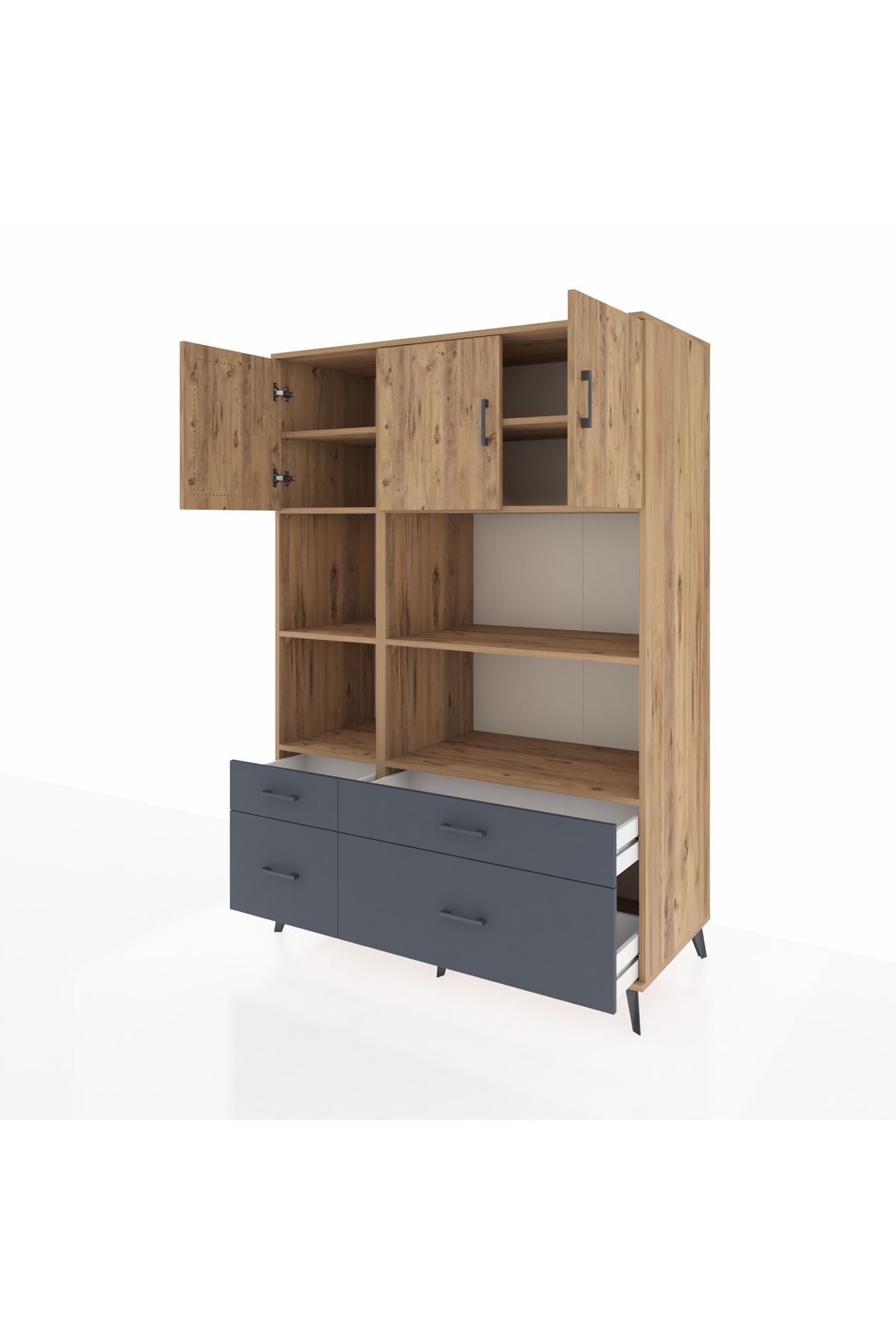 Kronos Dolap 8 Raflı 4 Çekmeceli 3 Kapaklı 132x59x195 Çam-Çam/Antrasit