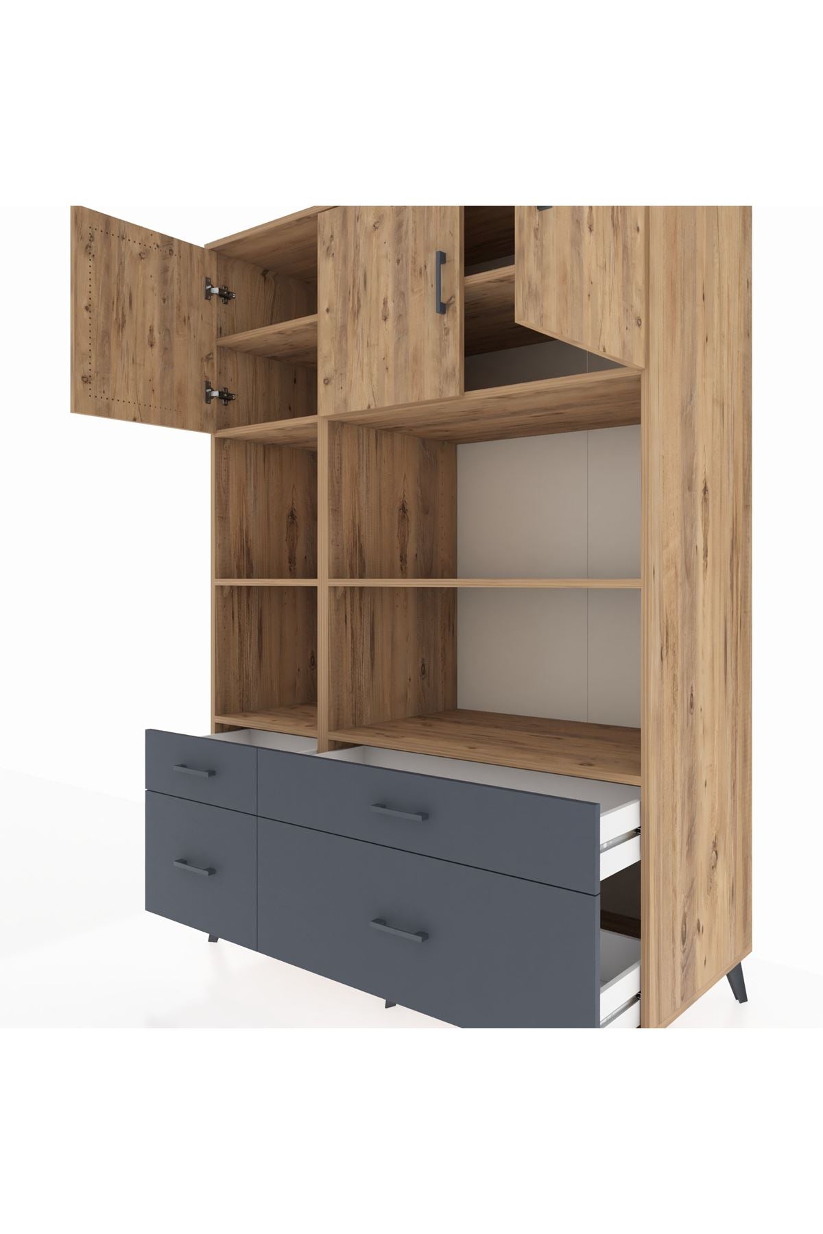 Kronos Dolap 8 Raflı 4 Çekmeceli 3 Kapaklı 132x59x195 Çam-Çam/Antrasit