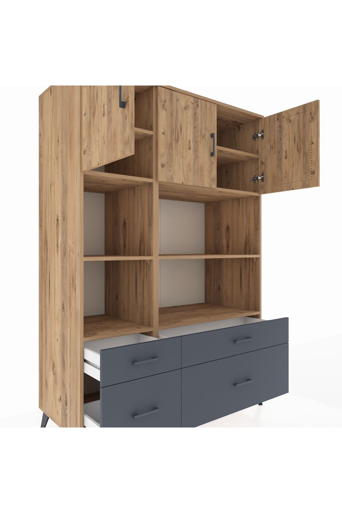 Kronos Dolap 8 Raflı 4 Çekmeceli 3 Kapaklı 132x59x195 Çam-Çam/Antrasit