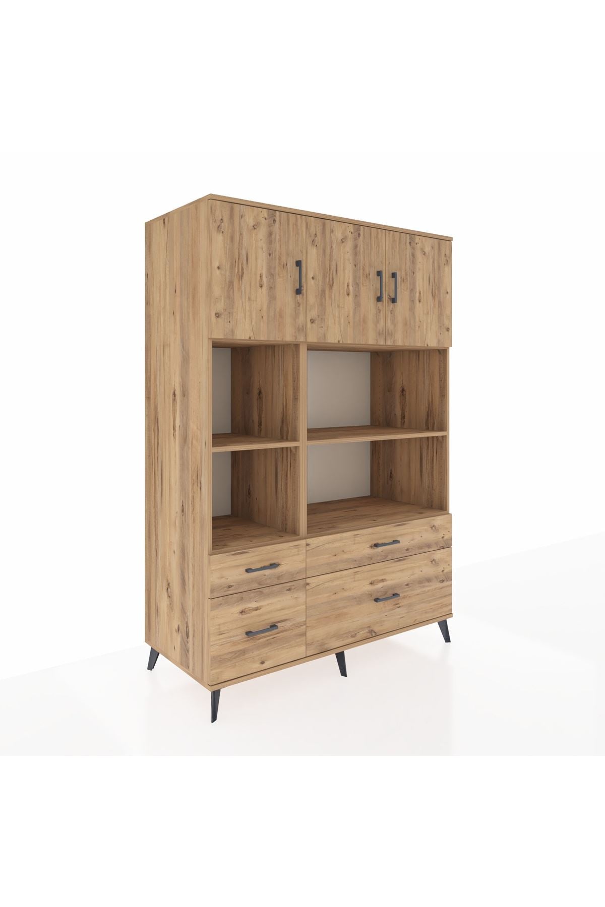 Kronos Dolap 8 Raflı 4 Çekmeceli 3 Kapaklı 132x59x195 Çam-Çam/Çam