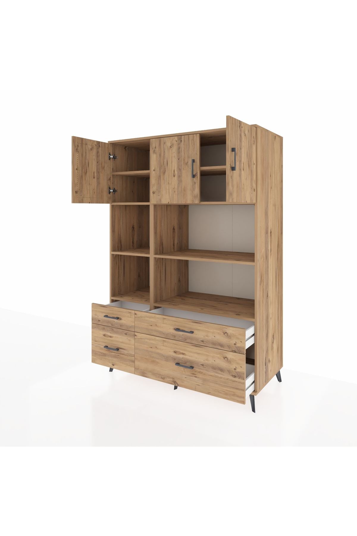 Kronos Dolap 8 Raflı 4 Çekmeceli 3 Kapaklı 132x59x195 Çam-Çam/Çam