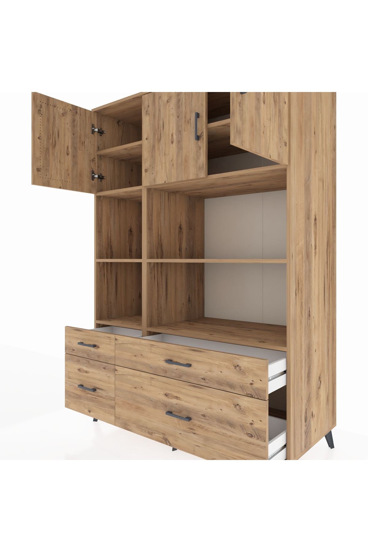 Kronos Dolap 8 Raflı 4 Çekmeceli 3 Kapaklı 132x59x195 Çam-Çam/Çam