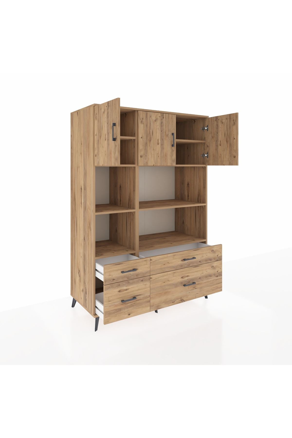 Kronos Dolap 8 Raflı 4 Çekmeceli 3 Kapaklı 132x59x195 Çam-Çam/Çam