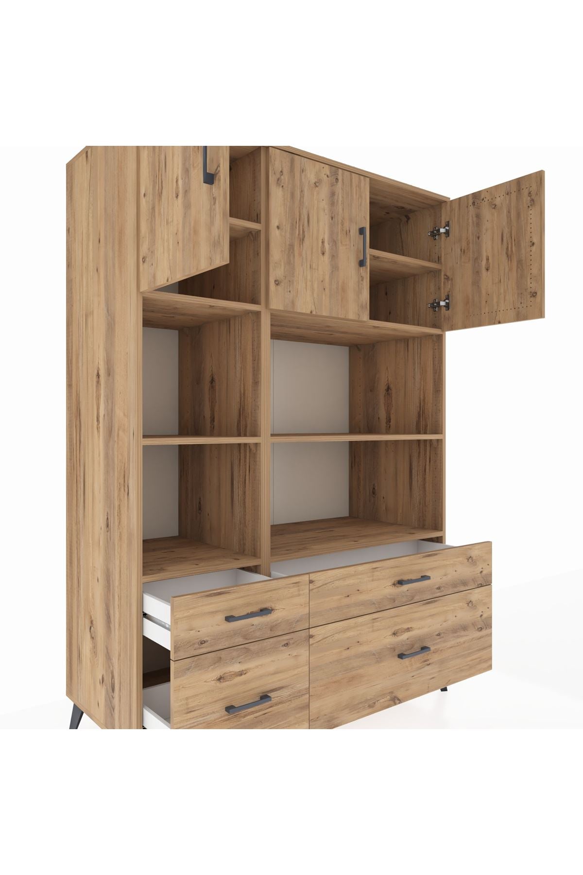 Kronos Dolap 8 Raflı 4 Çekmeceli 3 Kapaklı 132x59x195 Çam-Çam/Çam