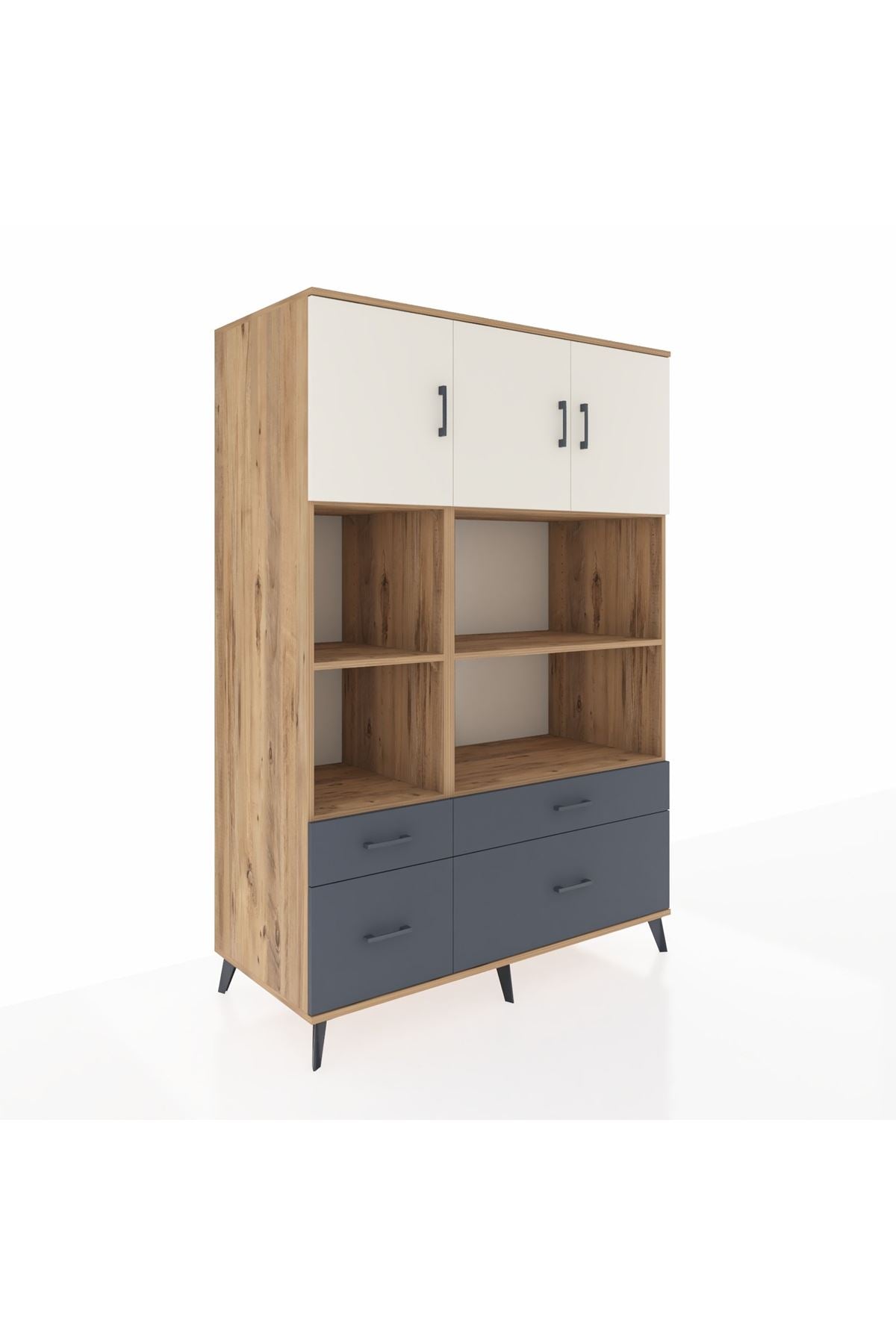 Kronos Dolap 8 Raflı 4 Çekmeceli 3 Kapaklı 132x59x195 Çam-Aytaşı/Antrasit