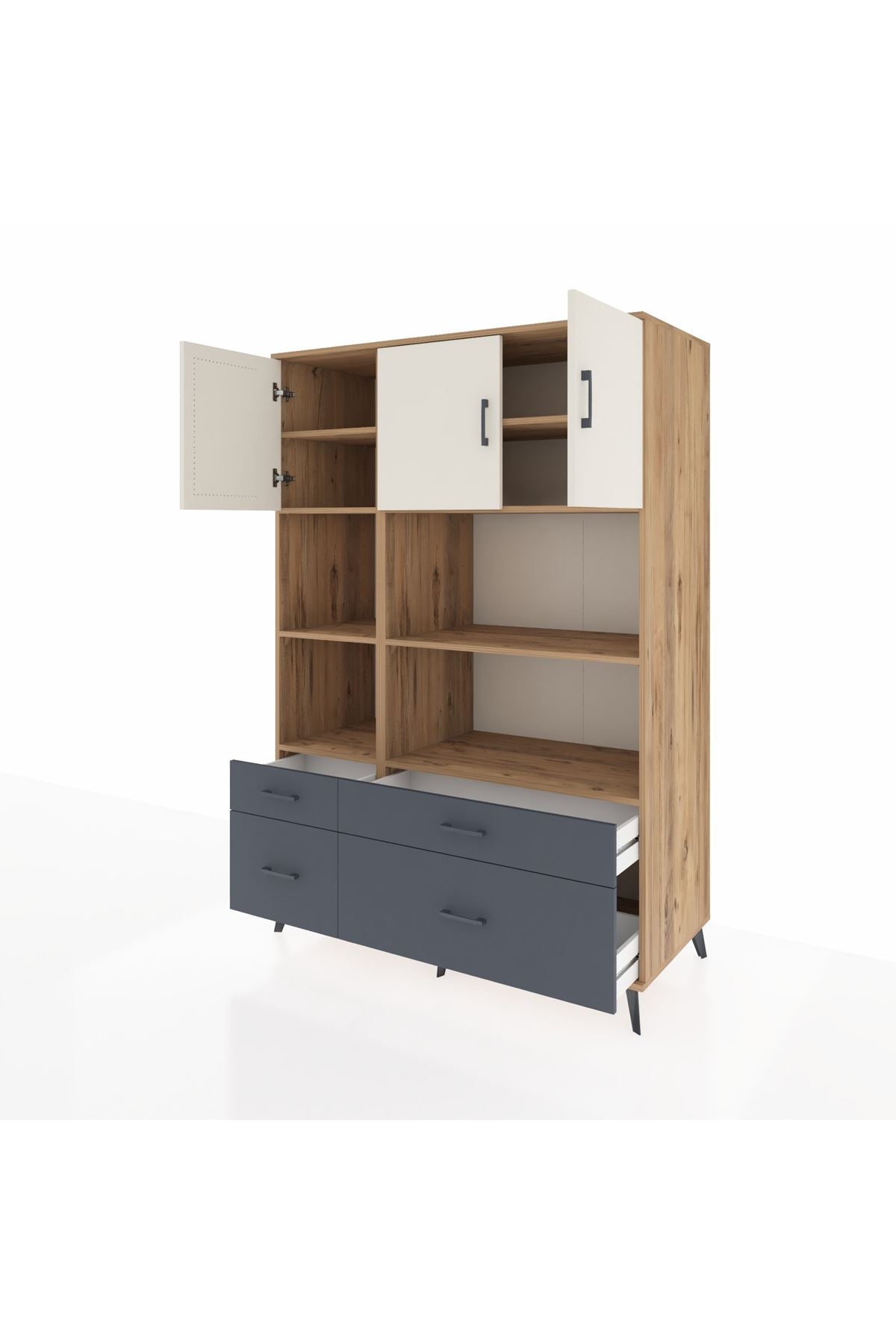 Kronos Dolap 8 Raflı 4 Çekmeceli 3 Kapaklı 132x59x195 Çam-Aytaşı/Antrasit