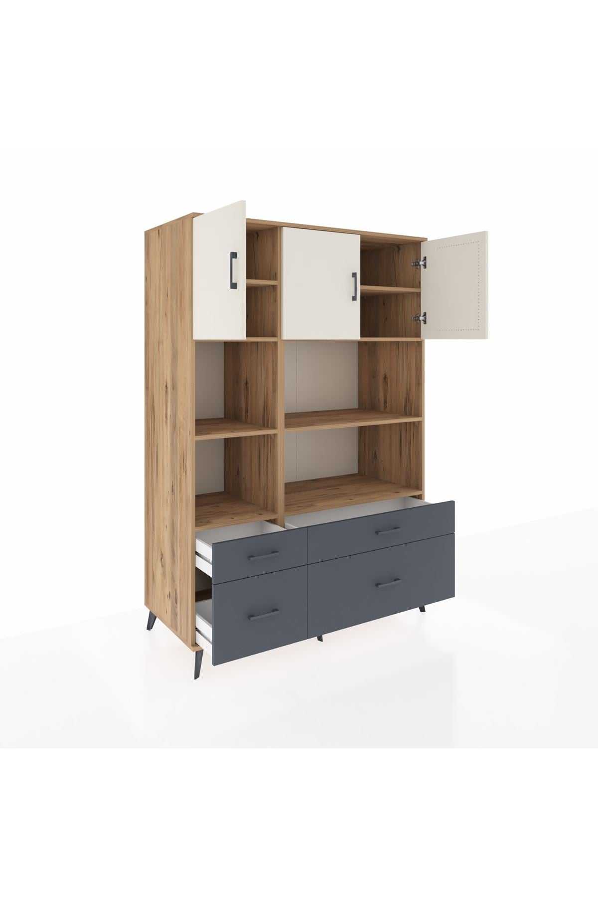 Kronos Dolap 8 Raflı 4 Çekmeceli 3 Kapaklı 132x59x195 Çam-Aytaşı/Antrasit