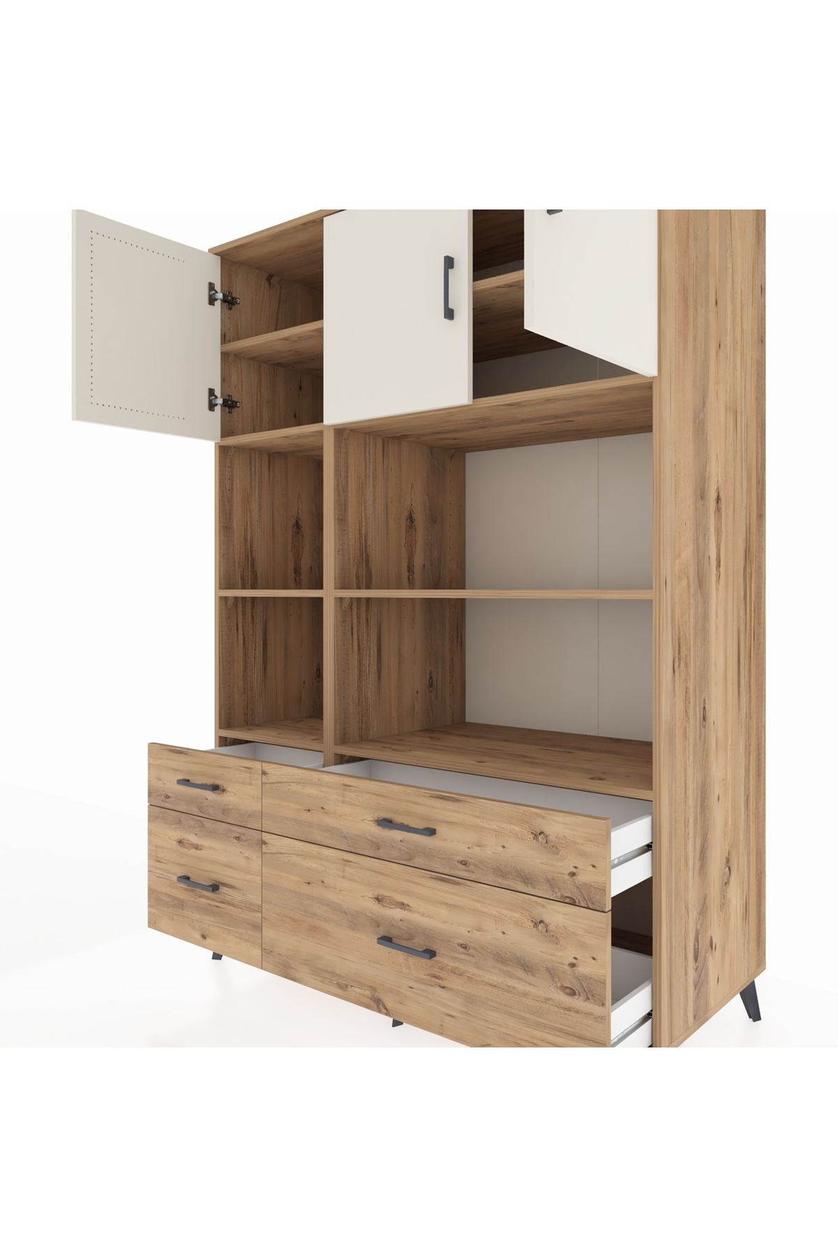 Kronos Dolap 8 Raflı 4 Çekmeceli 3 Kapaklı 132x59x195 Çam-Aytaşı/Çam