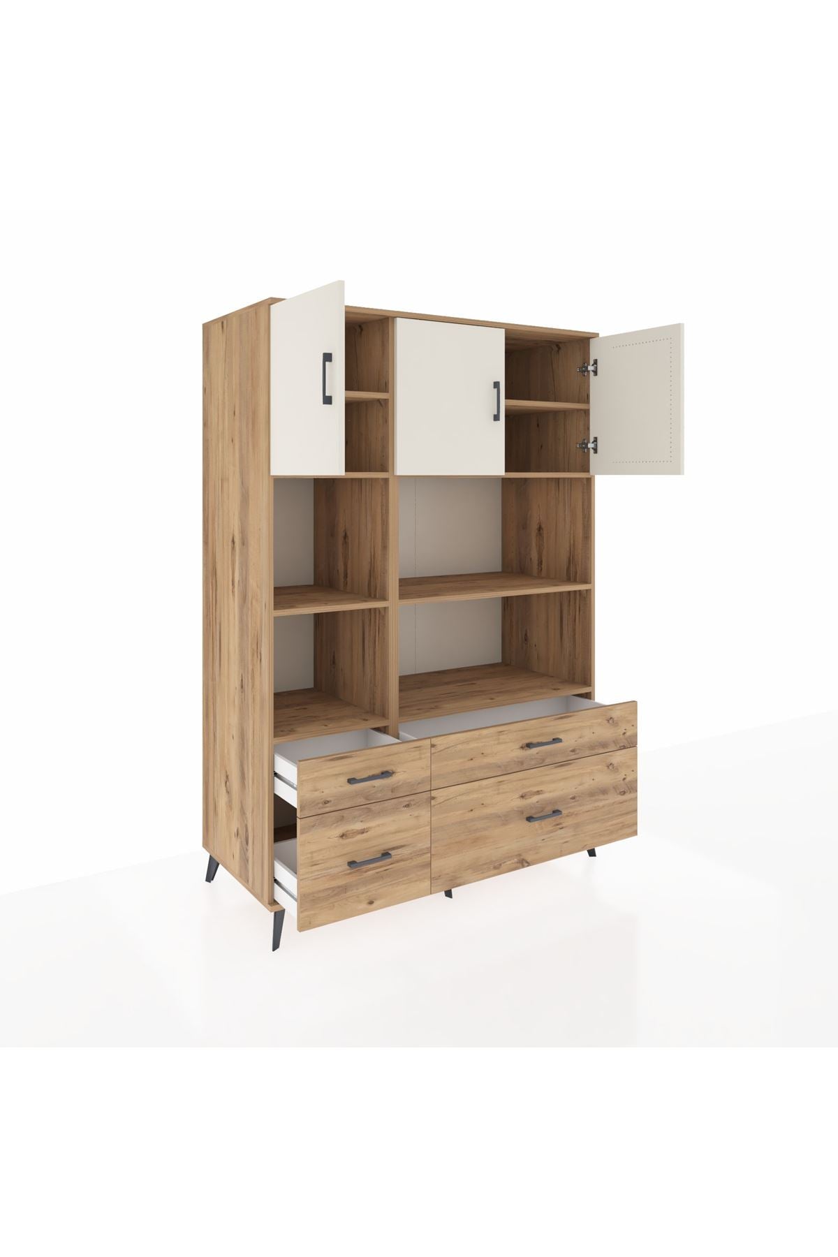 Kronos Dolap 8 Raflı 4 Çekmeceli 3 Kapaklı 132x59x195 Çam-Aytaşı/Çam