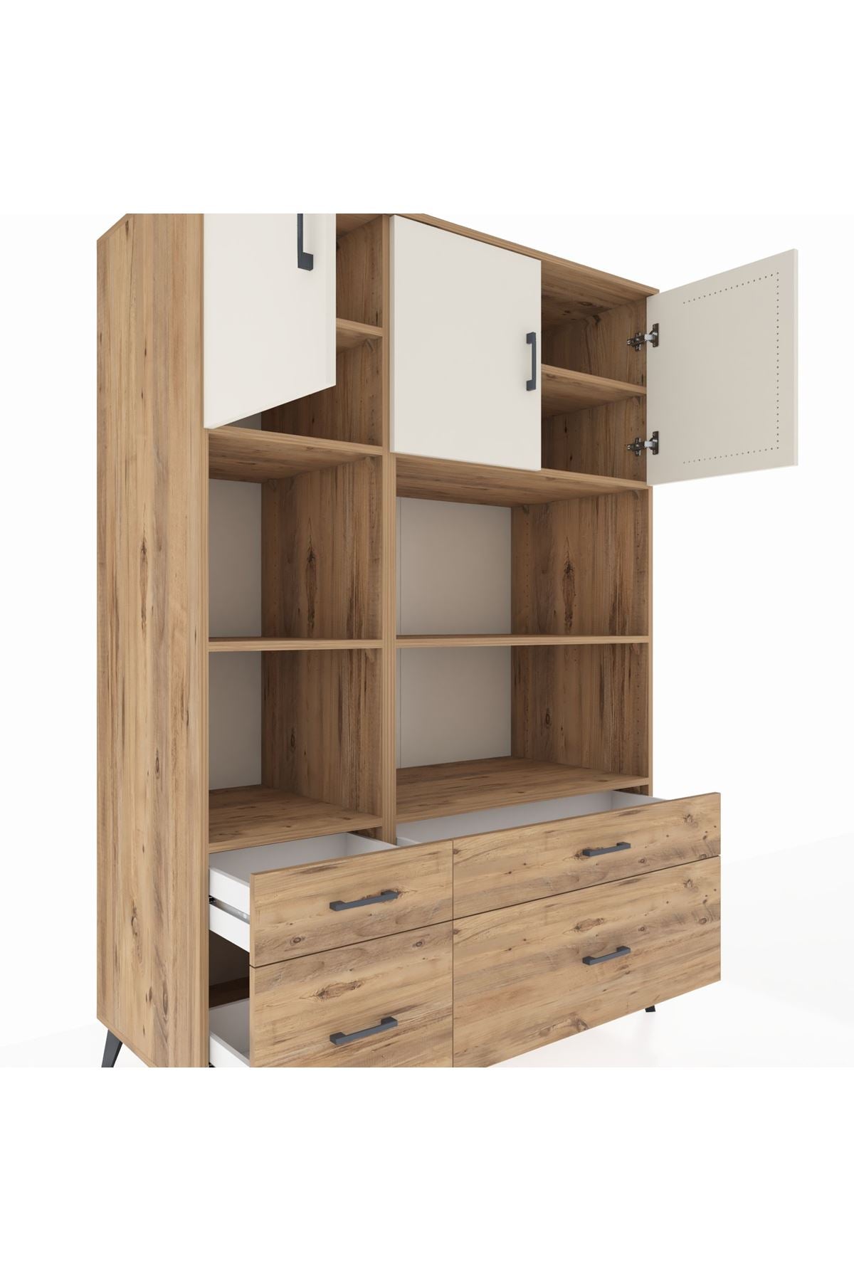 Kronos Dolap 8 Raflı 4 Çekmeceli 3 Kapaklı 132x59x195 Çam-Aytaşı/Çam