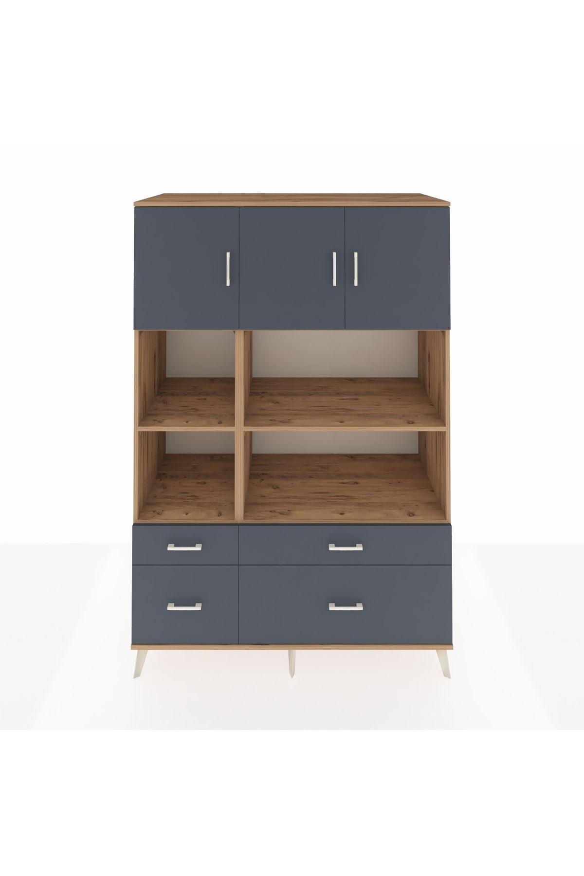 Kronos Dolap 8 Raflı 4 Çekmeceli 3 Kapaklı 132x59x195 Çam-Antrasit/Antrasit