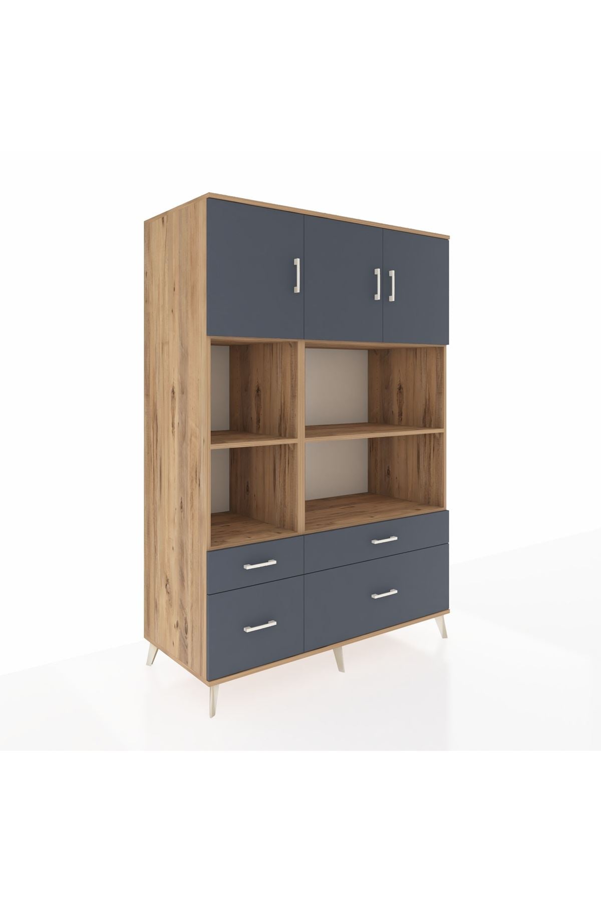 Kronos Dolap 8 Raflı 4 Çekmeceli 3 Kapaklı 132x59x195 Çam-Antrasit/Antrasit