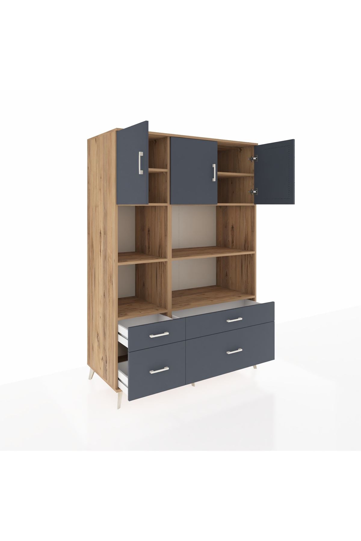 Kronos Dolap 8 Raflı 4 Çekmeceli 3 Kapaklı 132x59x195 Çam-Antrasit/Antrasit