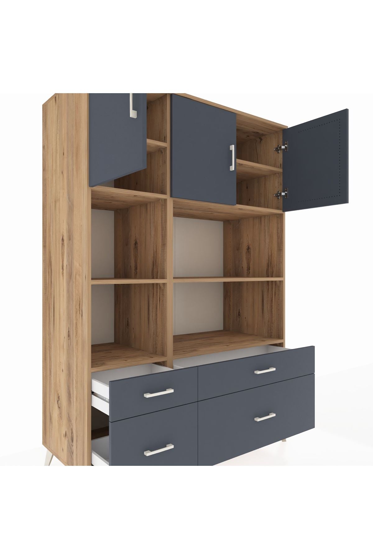 Kronos Dolap 8 Raflı 4 Çekmeceli 3 Kapaklı 132x59x195 Çam-Antrasit/Antrasit