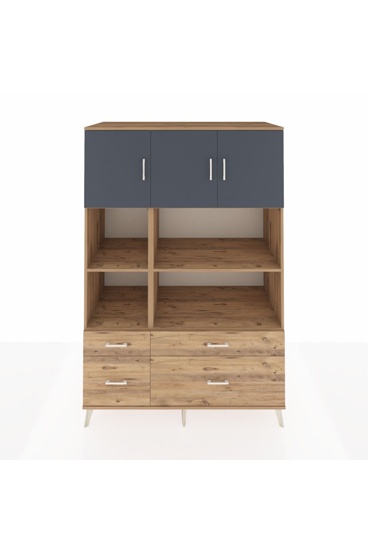 Kronos Dolap 8 Raflı 4 Çekmeceli 3 Kapaklı 132x59x195 Çam-Antrasit/Çam