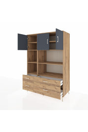 Kronos Dolap 8 Raflı 4 Çekmeceli 3 Kapaklı 132x59x195 Çam-Antrasit/Çam