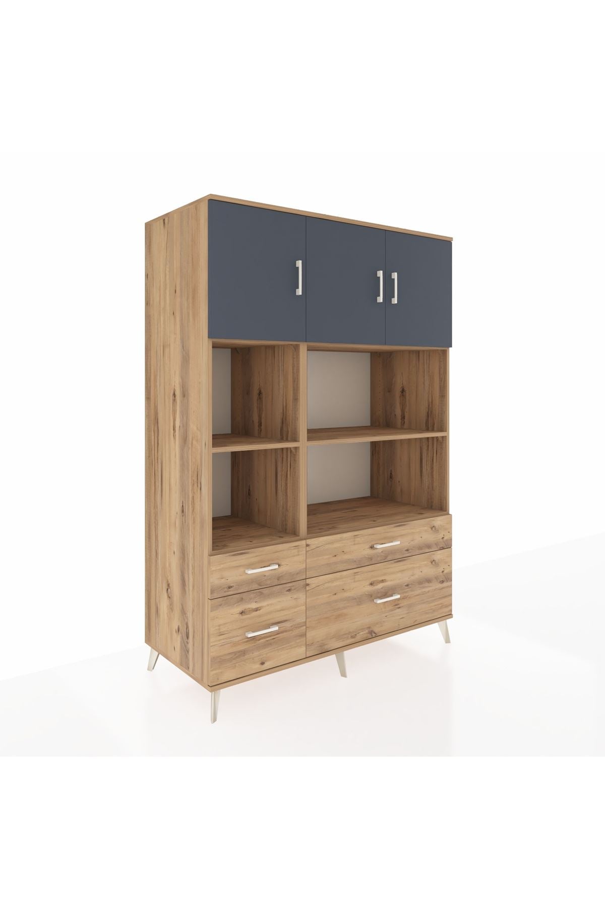 Kronos Dolap 8 Raflı 4 Çekmeceli 3 Kapaklı 132x59x195 Çam-Antrasit/Çam